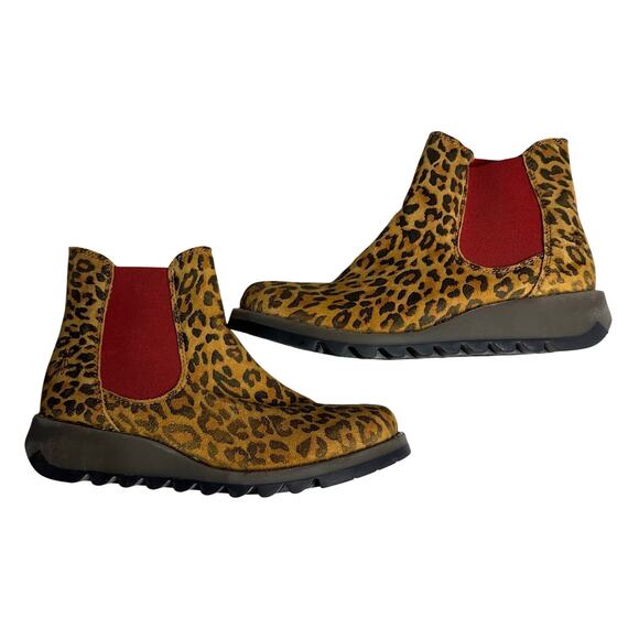Sz 38/ 7.5 FLY London Leather Chelsea Boots Tan Leopard Print Ankle Double Gore - Picture 1 of 6